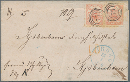 Dänemark: 1865, 4 S Red Pair Cancelled With "77" And Beside Circle Postmark Blue VIBORG On Folded Le - Oblitérés