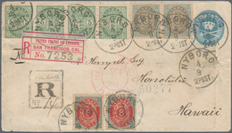 Dänemark: 1891 Destination HAWAII: Postal Stationery Envelope 4øre Used Registered From Nyborg To Ho - Used Stamps