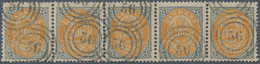 Dänemark: 1877, 100 Öre Yellow And Grey, First Printing, Horizontal Strip Of Five, Neatly Cancelled - Oblitérés