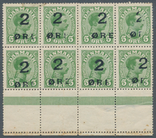 Dänemark - Färöer: 1919, 2 ö. On 5 ö. Green, Horizontal Block Of 8 With Sheet Margins At Bottom Empt - Faroe Islands