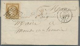 Frankreich: 1850, 10c. Bistre, Fresh Colour And Full To Huge Margins With Parts Of Adjoining Stamps, - Briefe U. Dokumente