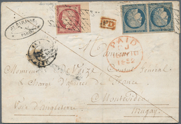 Frankreich: 1849/50, Ceres 1 Fr. Carmine, 25 C. Blue (pair) Canc. Endless Grill To Folded Envelope F - Brieven En Documenten