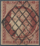 Frankreich: 1849, 1 Fr. Brown-carmine, Good Margins At Left And Right, Cut At Top, Used Grid Cancel, - Brieven En Documenten