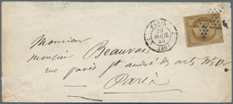 Frankreich: 1852, 10 C. Yellow-brown „REPUBL. FRANC.” On Envelope, Cancelled "PARIS 20 AVRIL 55 (60) - Lettres & Documents