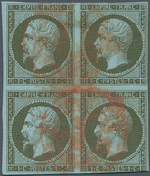 Frankreich: 1853, 1 C. Olive-green On Bluish, Block Of Four, Cancelled With Red Postmark, Signed Bru - Briefe U. Dokumente