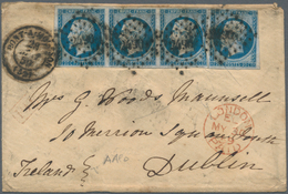 Frankreich: 1853/1859: 20 C Blue, Horizontal Strip Of Four, Tied By Dotted Numeral 2490, PONT A MOUS - Brieven En Documenten