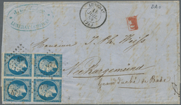 Frankreich: 1853/1859: 20 C Blue, Block Of Four, Two Sides Very Narrow Cut, Tied By Dotted Numeral 4 - Lettres & Documents