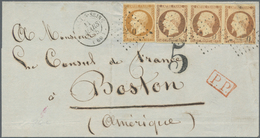 Frankreich: 1853/1855. 40 C Orange (oxydised), Horizontal Strip Of Three And 10 C Brown, Tied By Dot - Covers & Documents