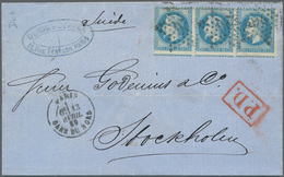 Frankreich: 1862/1869: 20 C Blue Napoleon II, Strip Of Three, Perforation Slighly Shifted In Two Dir - Covers & Documents