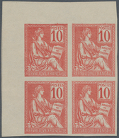 Frankreich: 1900, 10c. Carmine-rose "Mouchon", IMPERFORATE Marginal Block Of Four From The Upper Lef - Lettres & Documents