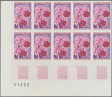 Frankreich: 1967, Flowers 0.40fr. 'Laelia Hybr.' IMPERFORATE Block Of Ten From Lower Left Corner Wit - Covers & Documents