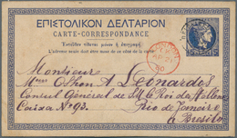 Griechenland - Ganzsachen: 1880 Postal Stationery Card 15 Lepta Blue From Piräus Via London To Rio D - Postal Stationery