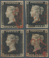 Großbritannien: 1840 PENNY BLACK: Four Single Stamps Used And Cancelled By Red Maltese Cross, With 1 - Andere & Zonder Classificatie