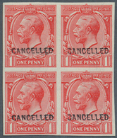 Großbritannien: 1912, 1d. Scarlet, Imperforate Block Of Four With "CANCELLED" Ovp., One Stamp Hinged - Other & Unclassified