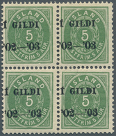 Island: 1902, Gildi Overprints, 5a. Green, Perf. 12¾, BLACK Overprint, Block Of Four, Bright Colour, - Autres & Non Classés