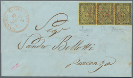 Italien - Altitalienische Staaten: Parma: 1852: 5 Cent. Black On Yellow, Strip Of Three, Canceled By - Parme