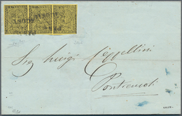 Italien - Altitalienische Staaten: Parma: 1852, 5 C Black On Yellow, Strip Of Three, Tied "PARMA 18 - Parma