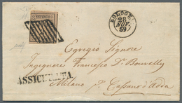 Italien - Altitalienische Staaten: Romagna: 1859. 8 Bajocchi Black On Rose, Three Sides Very Wide Ma - Romagna