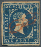 Italien - Altitalienische Staaten: Sardinien: 1851, 20 C. Blue, Small Margins, On Smallest Piece, Ca - Sardinia