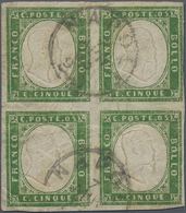 Italien - Altitalienische Staaten: Sardinien: 1862, 5c. Yellow-green, Block Of Four, Fresh Colour, S - Sardaigne