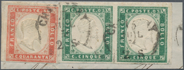 Italien - Altitalienische Staaten: Sardinien: 1855, 5c. Emerald-green Horizontal Pair And Single Cop - Sardaigne