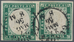 Italien - Altitalienische Staaten: Sardinien: 1856, 5 C Blue-green Horizontal Pair Cancelled With Ci - Sardinia