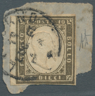 Italien - Altitalienische Staaten: Sardinien: 1861, 10 C Dark Grey-olive, Close To Full Margins, Tie - Sardinia