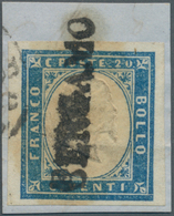 Italien - Altitalienische Staaten: Sardinien: 1860, 20 C Blue, Full Margins, Tied By Black Single-li - Sardinien