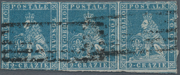 Italien - Altitalienische Staaten: Toscana: 1857, 2cr. Blue On Grey Paper, Horizontal Strip Of Three - Toscane