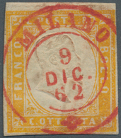 Italien: 1862, 80c. Orange Fine Used With Red "MILANO 9/DIC/62" Clear Cancelled, Tiny Ink Spots From - Neufs