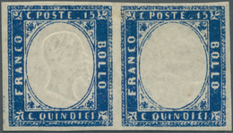 Italien: 1863, 15c. Blue, Horizontal Pair, Left Stamp Without Embossing Of King's Head, Unused No Gu - Ongebruikt