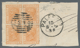 Italien: 1877, 20 C Orange, RARE Block Of Four On Large Fragment, Beautiful Cancelled By Barred Nume - Mint/hinged