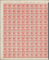 Italien: 1944, 75c. Carmine With Variety "slightly Blurred Printing", Sheet Of 100 Stamps (folded An - Neufs