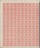 Italien: 1944, 75c. Carmine With Variety "slightly Blurred Printing", Sheet Of 100 Stamps (folded An - Mint/hinged