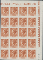 Italien: 1955/1960. 80 Lire Orange Brown, Not Perforated Block Of 20 From The Upper Right Corner Of - Neufs