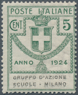 Italien - Portofreiheitsmarken: 1924, GRUPPO D'AZIONE SCUOLE - MILANO, 5c. Green Showing Variety "do - Zonder Portkosten