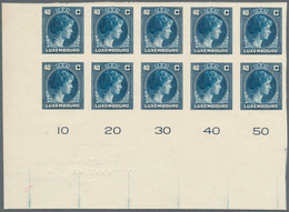 Luxemburg: 1944: Granduchess Charlotte, 40 C Blue, Imperforated Proof On Carton, Block Of Ten From T - Autres & Non Classés