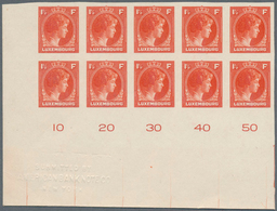 Luxemburg: 1944: Granduchess Charlotte, 1 1/2 F Vermillion, Imperforated Proof On Carton, Block Of T - Autres & Non Classés