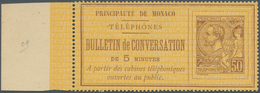 Monaco - Ganzsachen: 1892, Telephone Billet, 50c. Brown On Yellow With Sheet Margin At Left, Unused, - Entiers Postaux