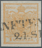 Österreich: 1850, 1 Kr. Wappen Handpapier Braunorange Mit Deutlichem Randdruck Und Teilstempel "..NF - Neufs