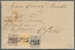 Österreich: 1850, 1 Kr Orange, 2 Kr Silbergrau U. 6 Kr Braun, Je Handpapier, Als 3-Farben Frankatur - Neufs