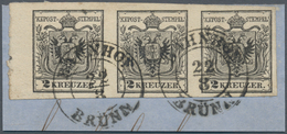 Österreich: 1850/1854, 2 Kreuzer Tiefschwarz, Maschinenpapier Type IIIb, Waagerechter Dreierstreifen - Unused Stamps