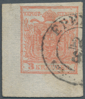 Österreich: 1852, Wappenzeichnung 3 Kr. Handpapier Rosa, Type III A, Sehr Gut Gerandete Linke Untere - Unused Stamps