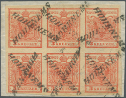 Österreich: 1850, 3 Kr Karminrot, Handpapier Type I A1, Waagerechter 6er-Block, Allseits Breitrandig - Ungebraucht