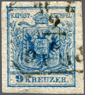 Österreich: 1850, 9 Kreuzer Blau, Handpapier, Type IIIa, Platte 5, SENKRECHT GESTREIFTES Papier, All - Neufs