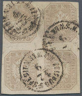 Österreich: 1863, Zeitungsmarke Doppeladler 1,05 K (blasslila)grau Im Viererblock Mit K1 "WIEN ZEITU - Ungebraucht