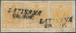 Österreich - Lombardei Und Venetien: 1850, 5 C. Gelb, Erstdruck, Dreimal Auf Briefstück, Entwertet M - Lombardy-Venetia