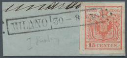 Österreich - Lombardei Und Venetien: 1850 15 C. Karmin Vom FEINSTDRUCK Der Platte 1, Gebraucht Auf B - Lombardije-Venetië