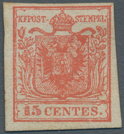 Österreich - Lombardei Und Venetien: 1850, 15 Cmi. Handpapier In Type I Der Platte 2 Zinnoberrot Mit - Lombardo-Vénétie