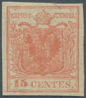 Österreich - Lombardei Und Venetien: 1854, 15 Cent. Rot Vollrandig Ungebraucht, Restgummi, Oben Schr - Lombardo-Vénétie
